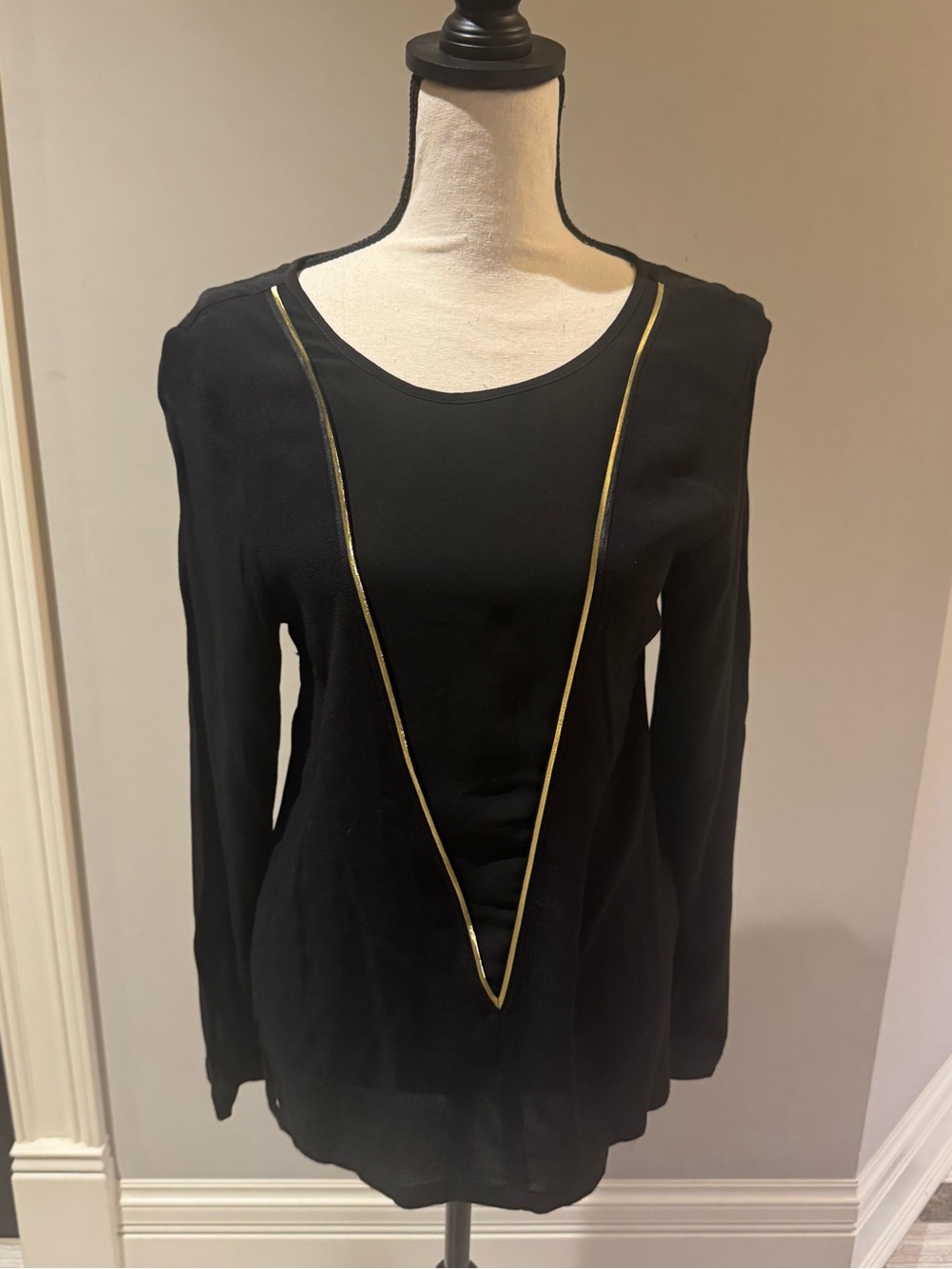 Sophie Rue Black Long Sleeve Scoop Neck Top with Gold V-Trim